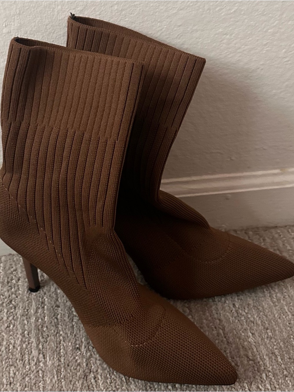Brown Knit Pointed-Toe Sock Booties - Unbranded